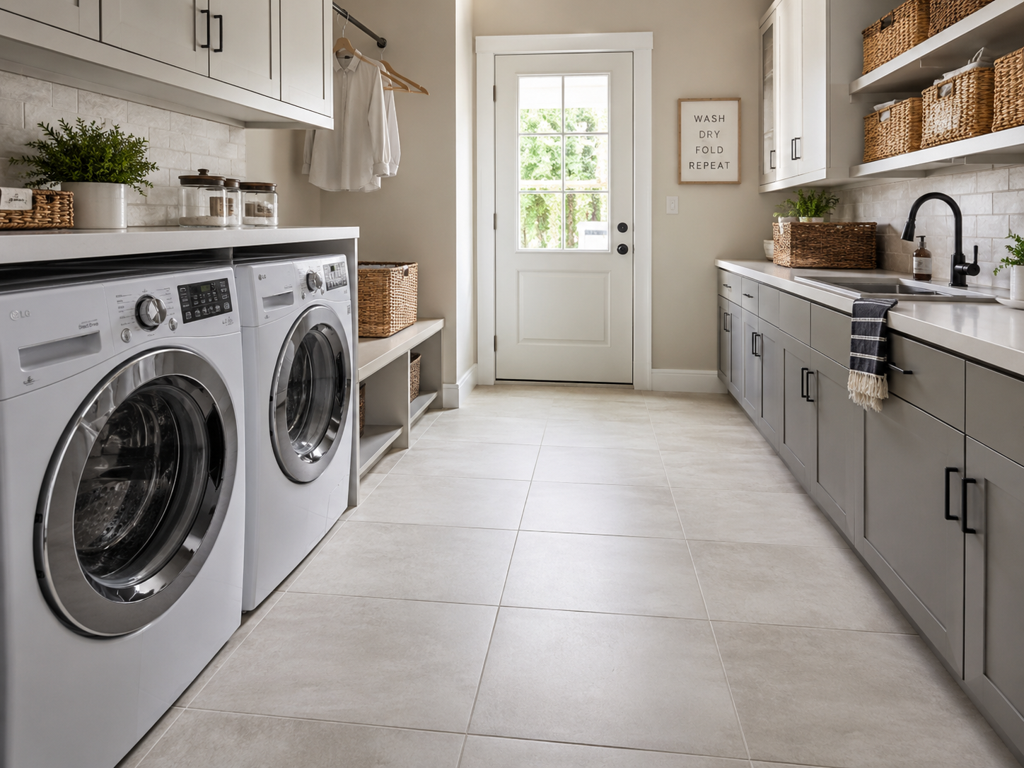 Bright laundry room with neutral porcelain tile flooring, built-in storage, modern appliances, and functional design.