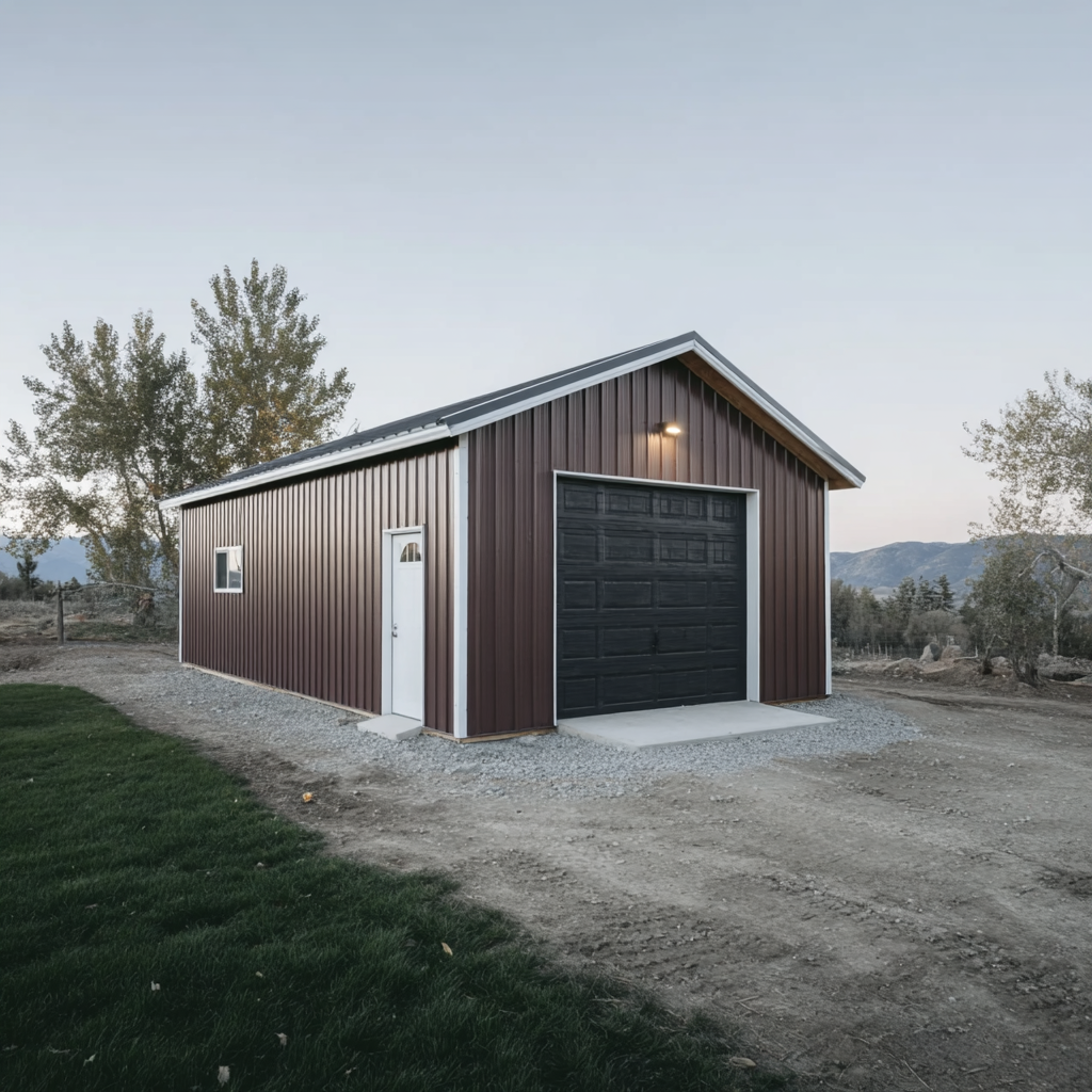 Garage détaché en métal brun avec porte noire sur terrain rural avec allée en gravier et environnement naturel