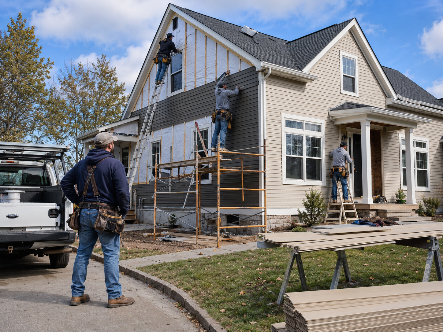 Crew installing grey exterior siding on a two-storey house using scaffolding, ladders, and construction materials
