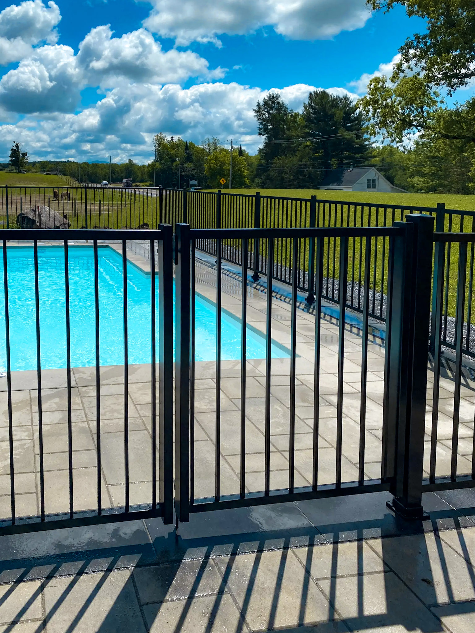Inground pool with stone coping and black aluminum safety fence in a residential yard