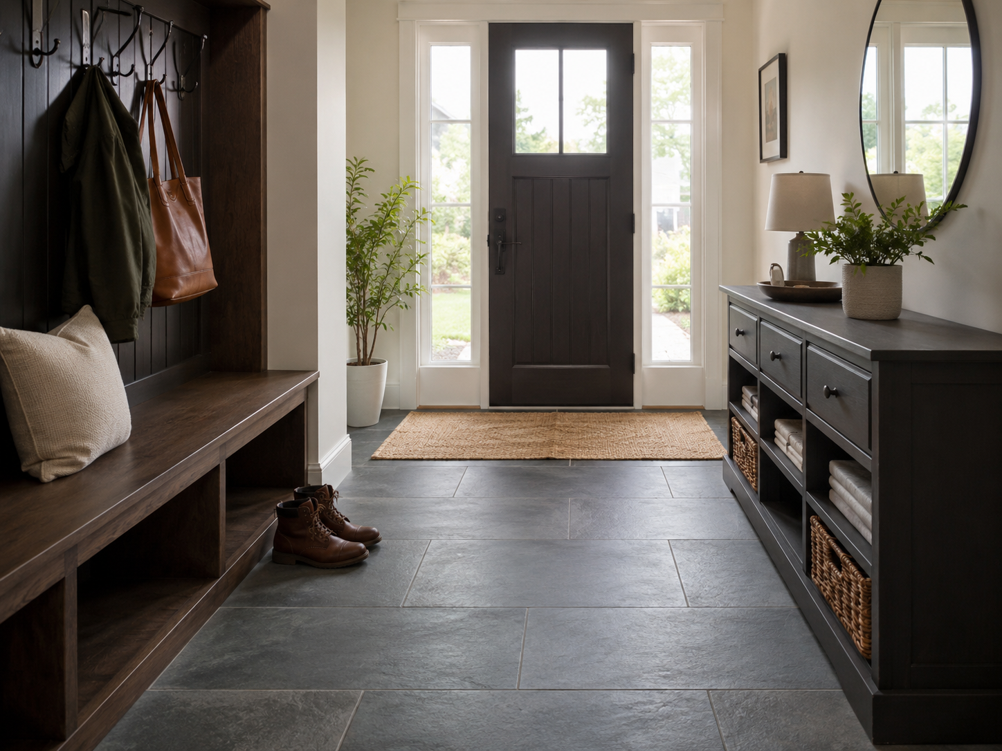 Welcoming entryway with slate-look porcelain tile flooring, practical storage, natural light, and a refined mudroom style.