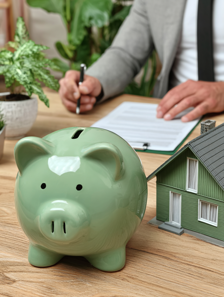 Tirelire verte et petite maison sur une table, avec une personne remplissant un document en arrière-plan pour planifier un budget de rénovation.