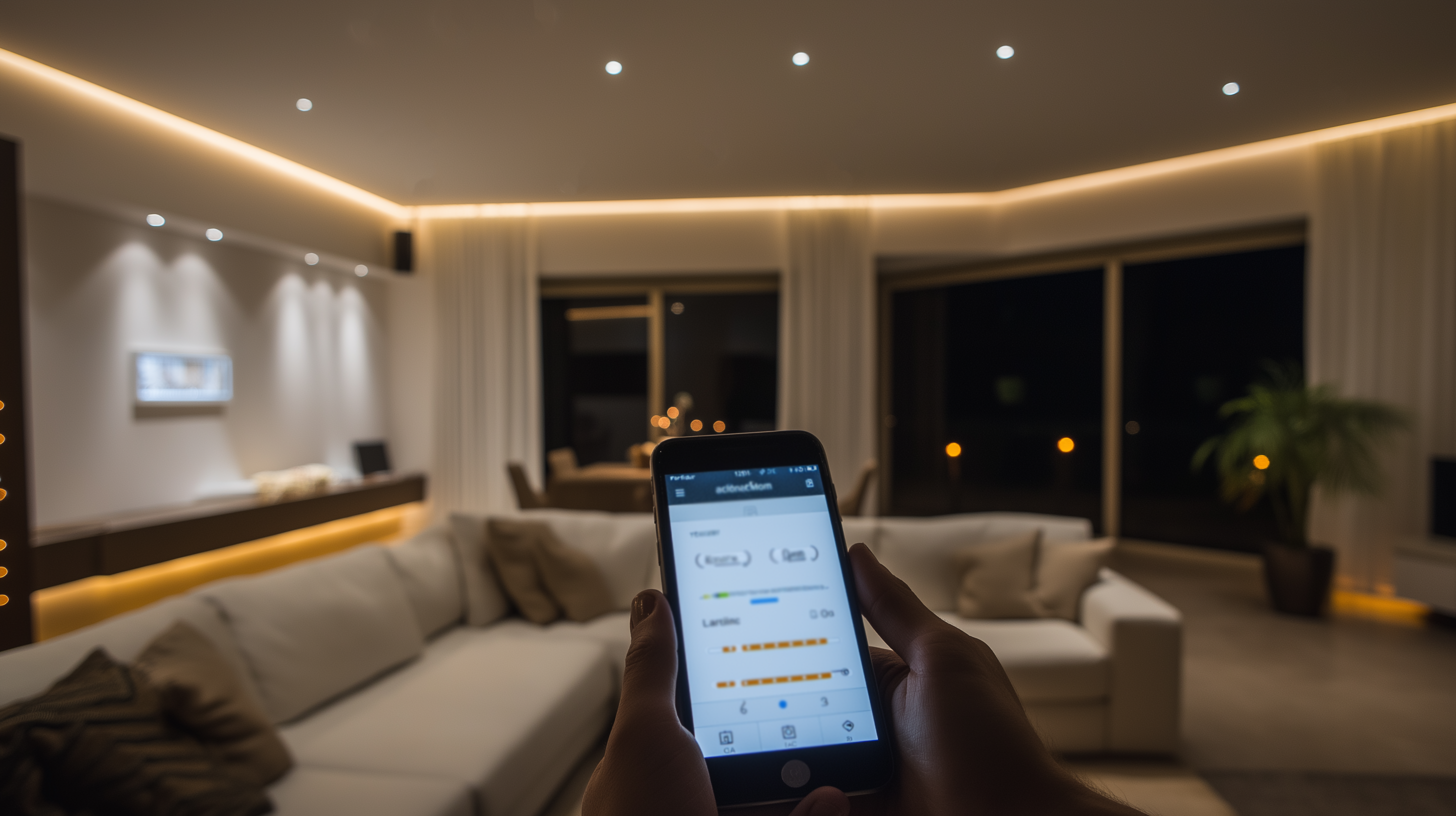 Modern living room with smart lighting controlled by phone, LED strips, recessed lights and warm ambiance.