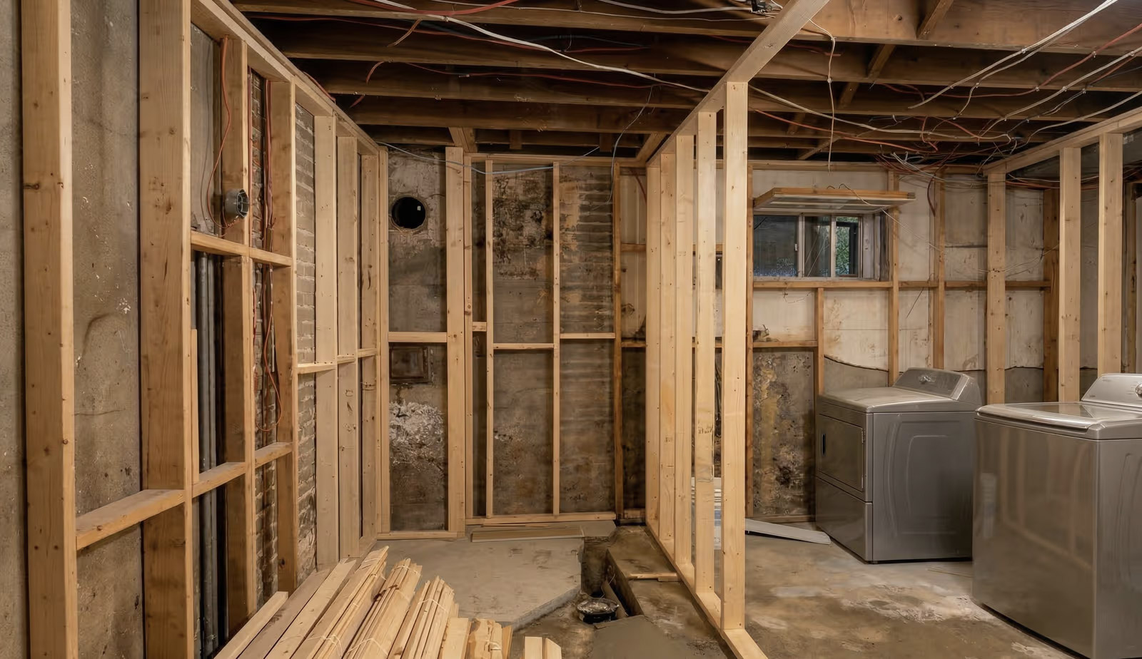 Basement under renovation with wooden framing, exposed wiring, foundation walls and laundry area.