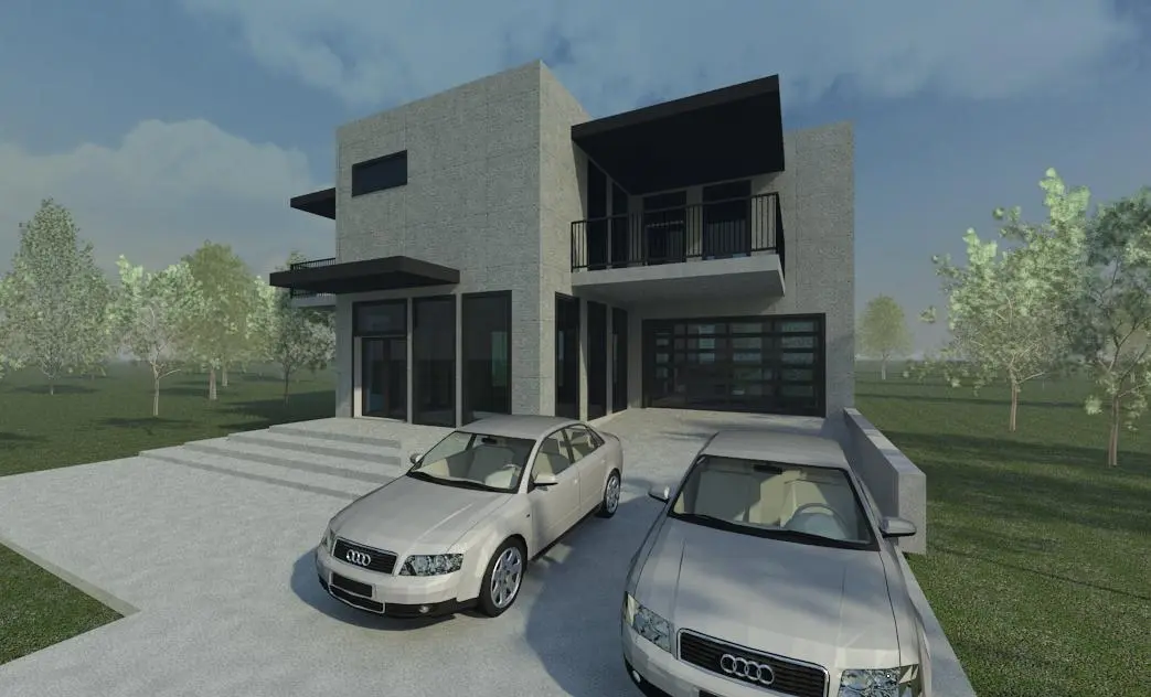 Architectural rendering of a modern two-story house with balcony, glass garage door, concrete entrance and two cars in the driveway