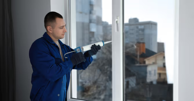 Technicien en veste bleue appliquant un scellant de calfeutrage sur une fenêtre intérieure pour améliorer l’étanchéité du cadre et du vitrage.