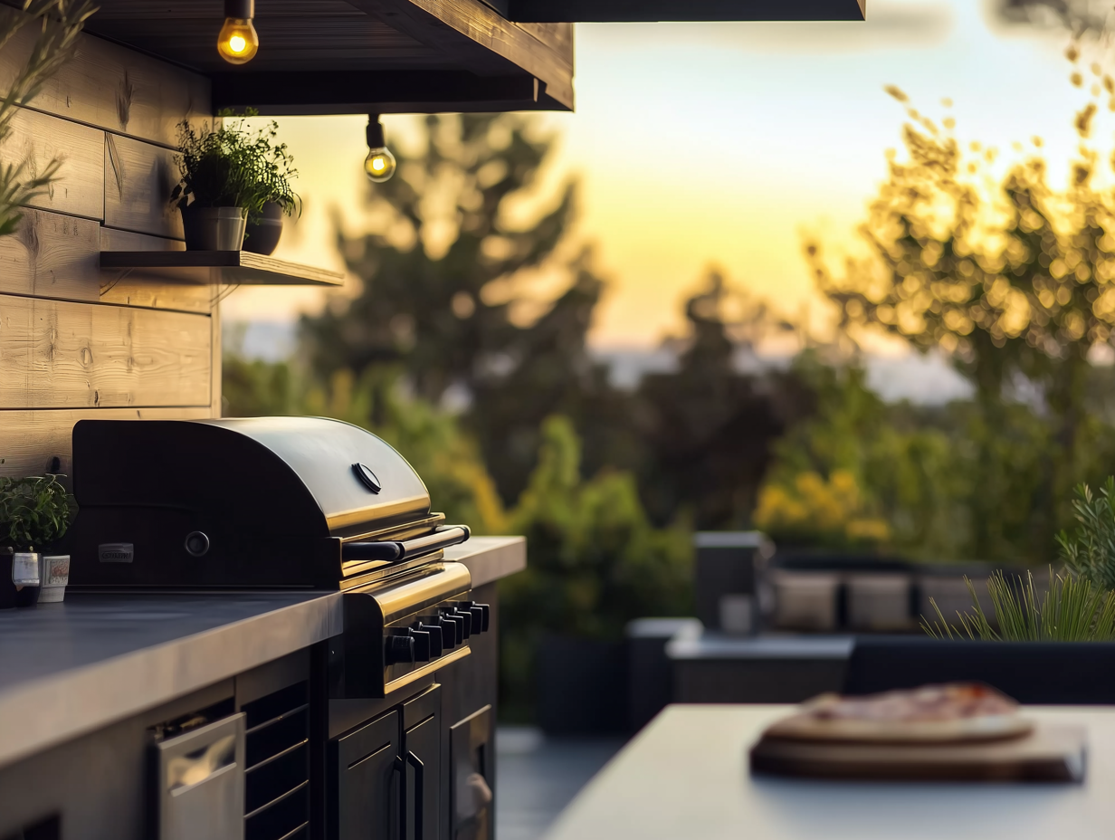 Cuisine extérieure moderne avec barbecue intégré, comptoir, éclairage suspendu et ambiance chaleureuse au coucher du soleil