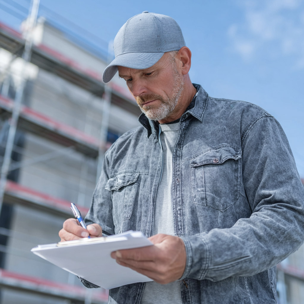 Inspecteur en bâtiment prenant des notes sur un chantier extérieur avec échafaudage en arrière-plan, illustrant le contrôle de qualité, la conformité des travaux, le suivi de construction et l’évaluation d’un projet résidentiel ou commercial.