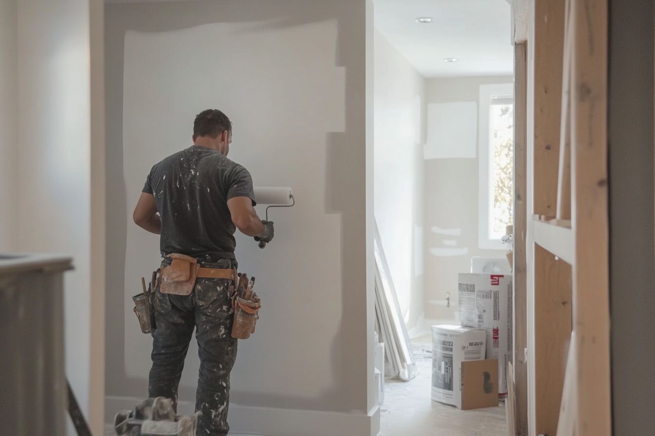 Renovation painter applying white paint on an interior wall with a roller inside a house under construction