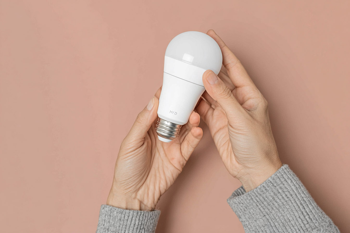 White LED light bulb held in hands against a pink wall for residential lighting.