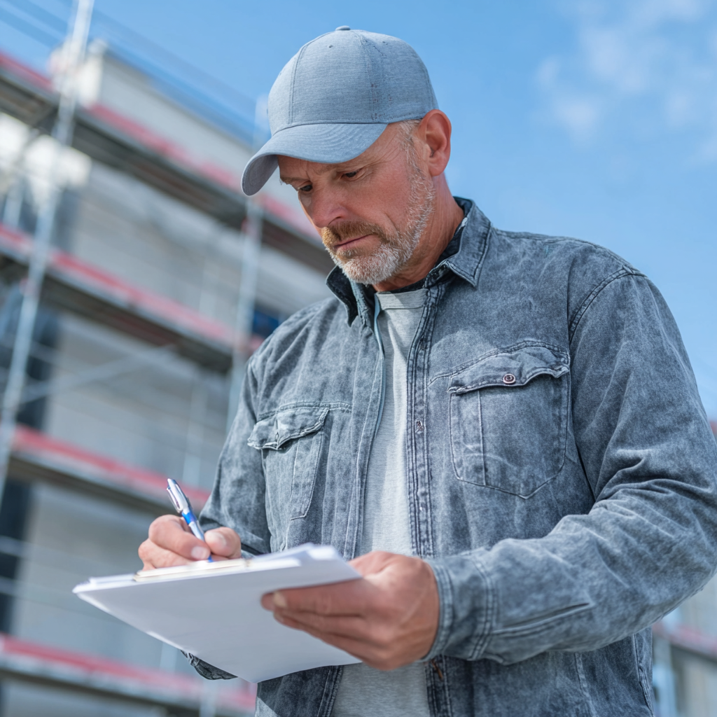 Building inspector performing a site inspection with clipboard in front of a construction structure