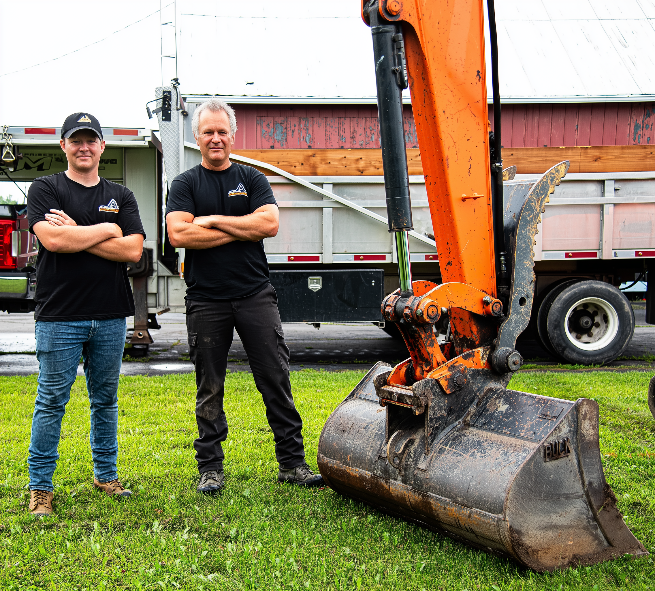Two workers in construction clothing proudly pose in front of an orange excavator and a construction truck on a grassy field