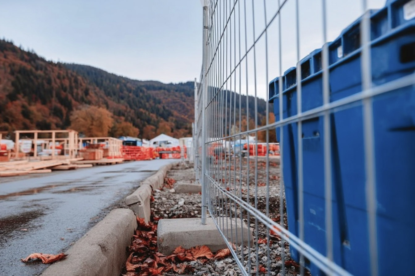 Clôture métallique de chantier avec bases en béton le long d’une route, zone de construction avec conteneurs et montagnes en arrière-plan