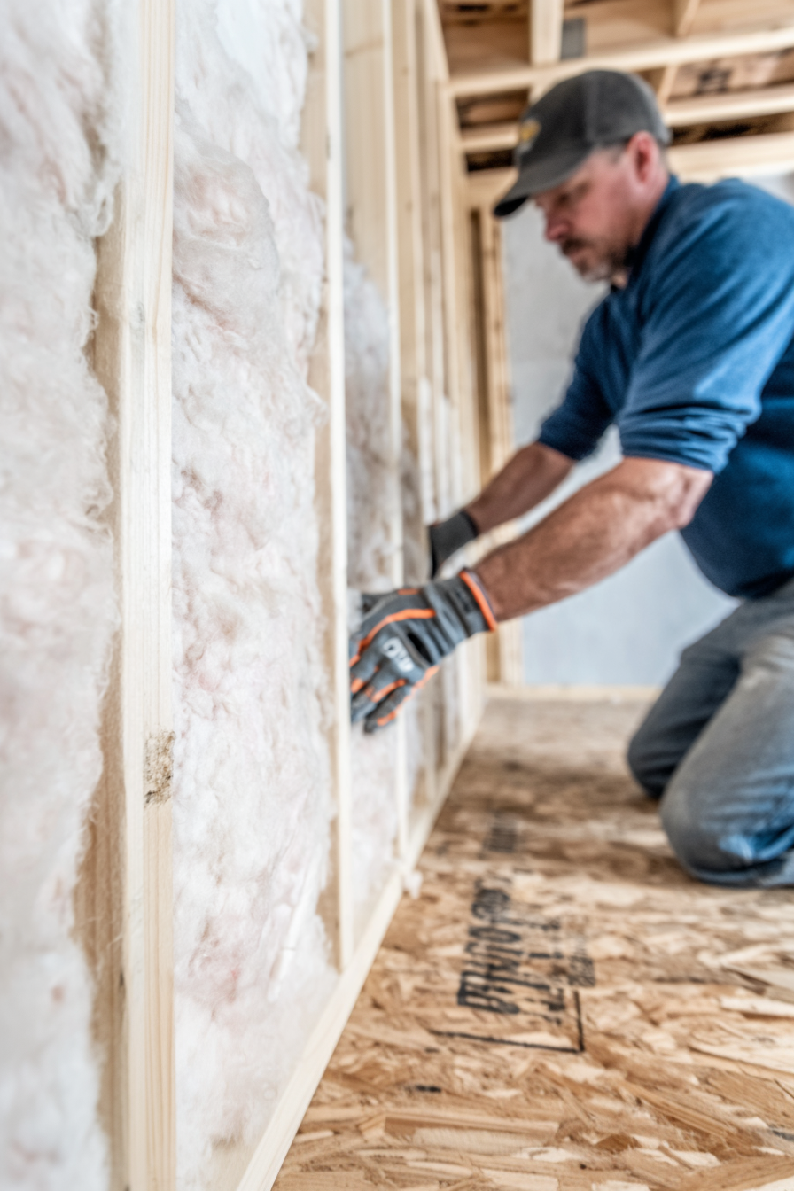 Worker installing fiberglass insulation inside a wood-framed wall during residential insulation work