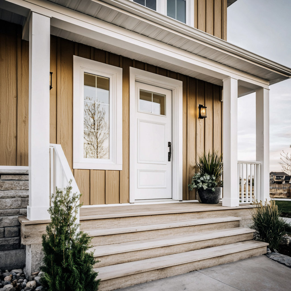 Modern house entrance with vertical wood siding, white front door, exterior steps and covered porch with columns