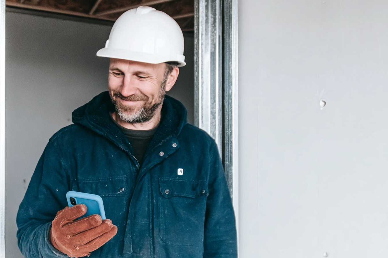 Construction contractor wearing a white hard hat and work gloves checking his phone on an indoor renovation site&nbsp;