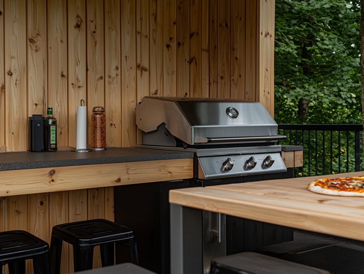 Cuisine extérieure en bois avec barbecue en acier inoxydable, comptoir de préparation, îlot, tabourets noirs, rampe de balcon et espace repas couvert