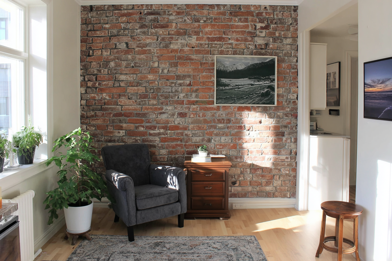 Coin lecture lumineux avec mur de briques apparentes, fauteuil gris, plante verte et meubles en bois