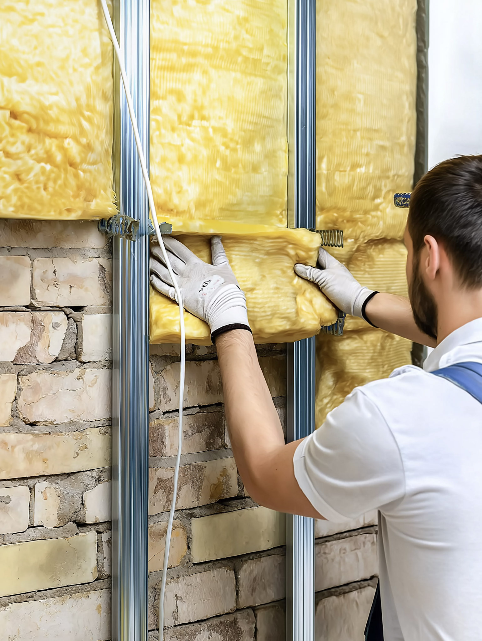 Installing fiberglass insulation between metal wall studs over an interior brick wall during insulation and renovation work.