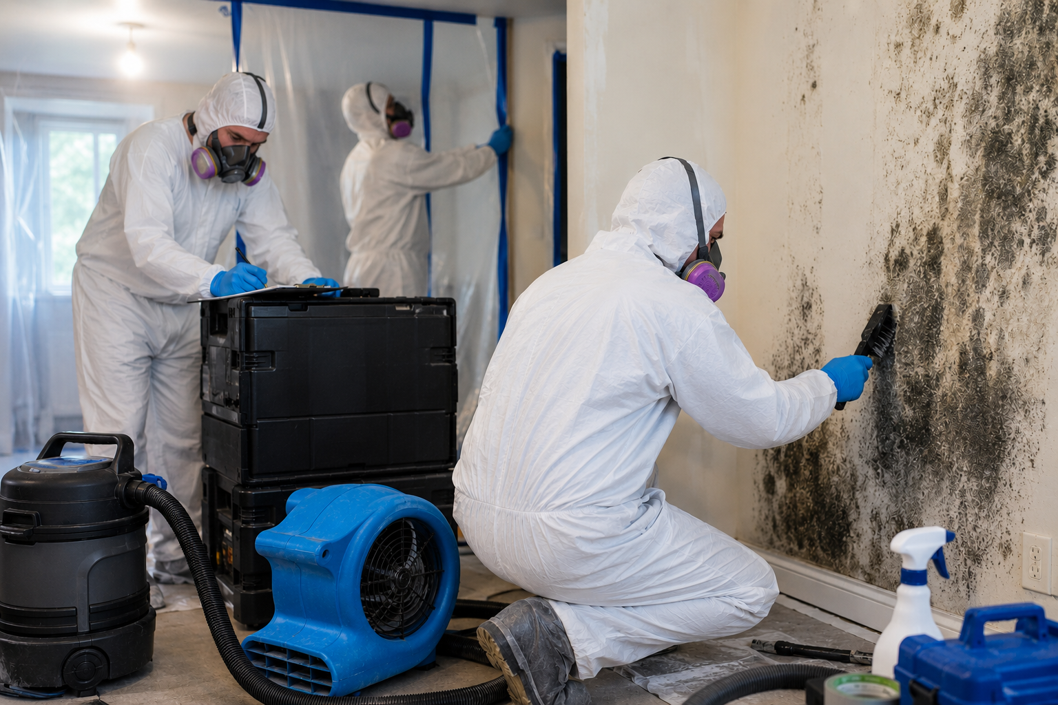Workers in protective coveralls performing professional mold remediation on an interior wall with containment barriers, air filtration, and specialized cleaning.