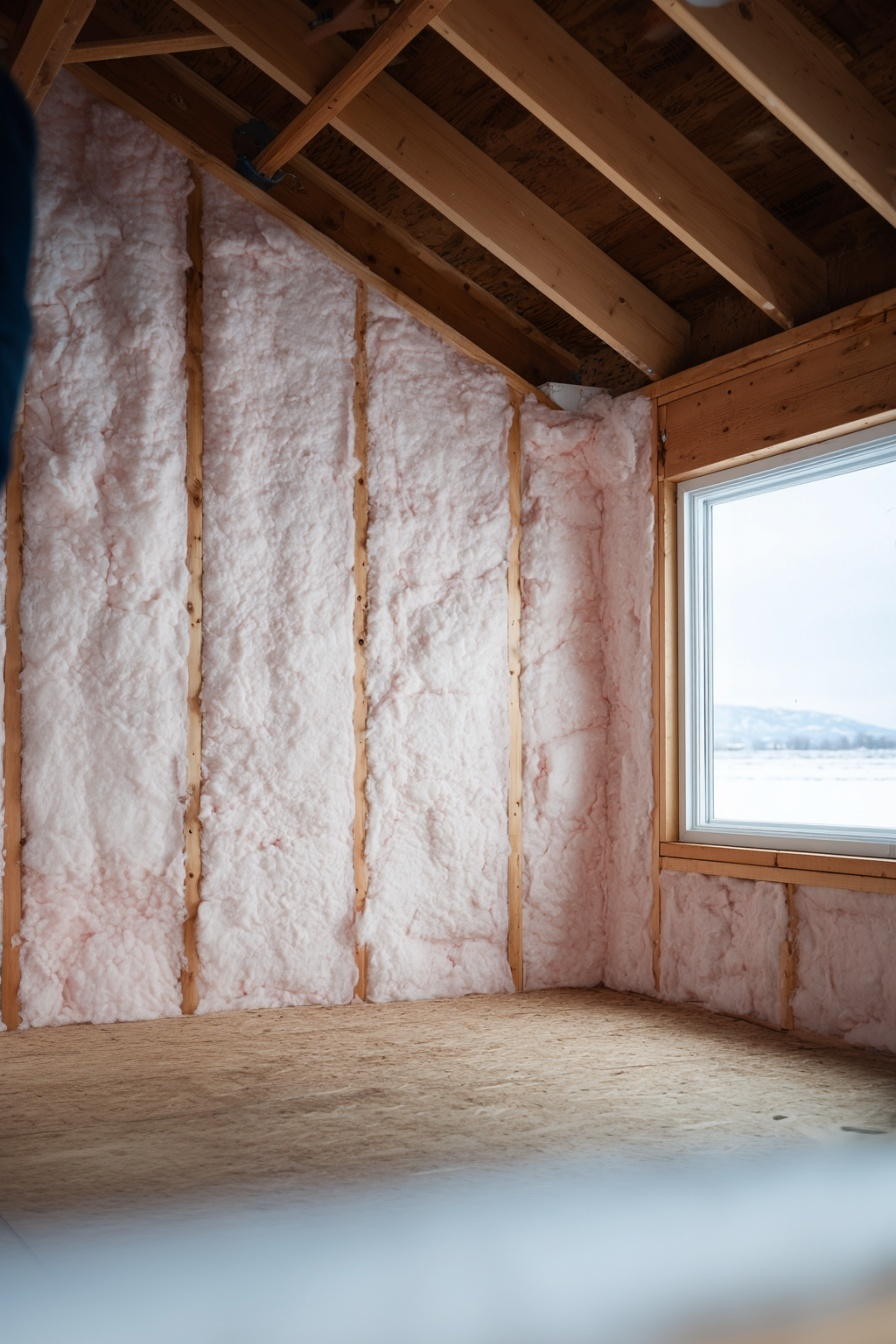 Mur intérieur isolé avec laine de fibre de verre rose, ossature de bois apparente, sol en contreplaqué et fenêtre donnant sur un paysage enneigé