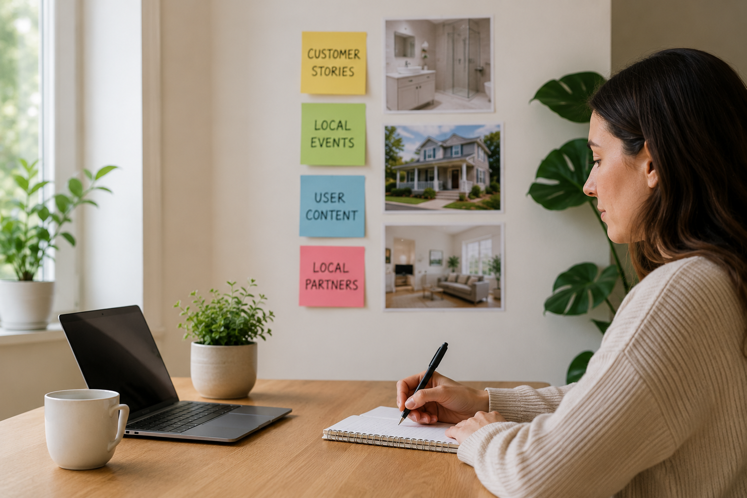 Woman planning a real estate content strategy in a notebook, with a laptop, sticky notes, and photos of residential renovations.