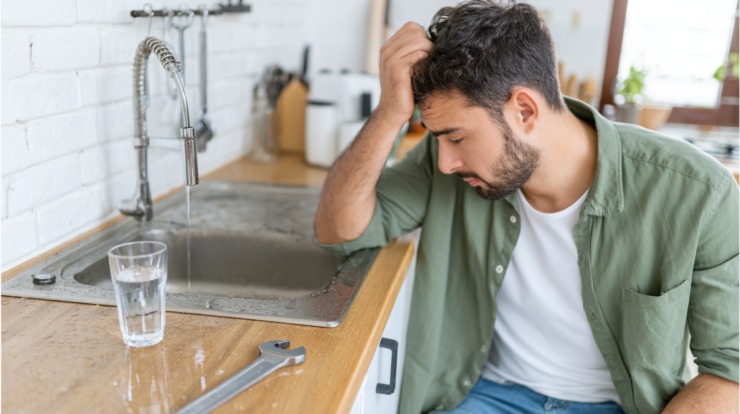Concerned man in front of a leaking kitchen sink with standing water