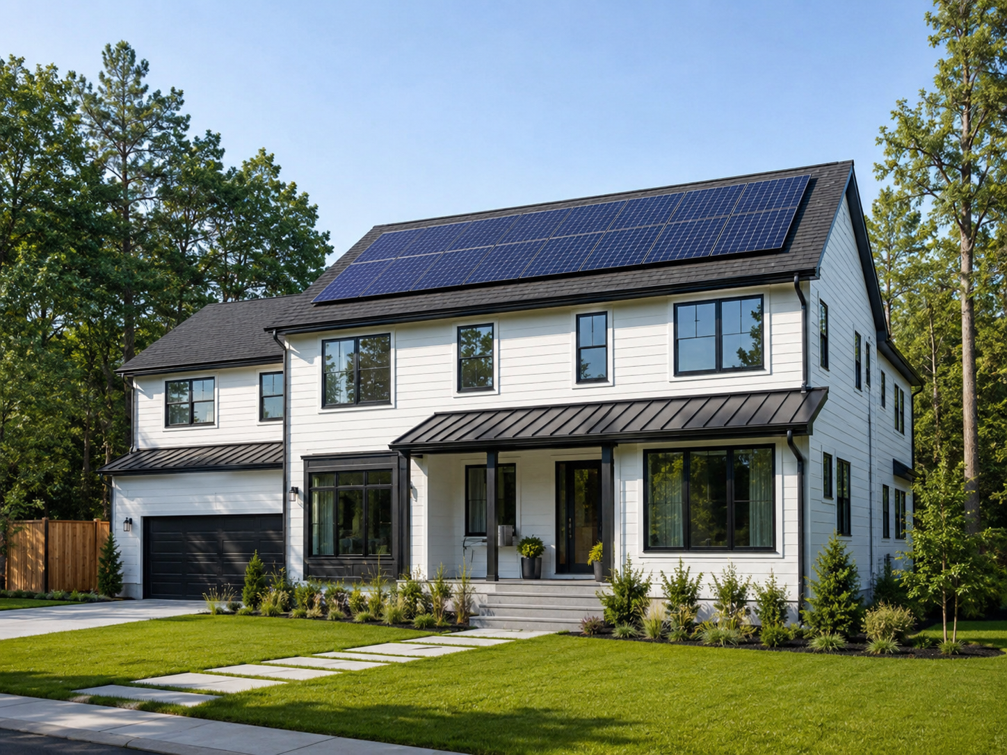 Modern home with rooftop solar panels, black-framed windows, and a landscaped yard.