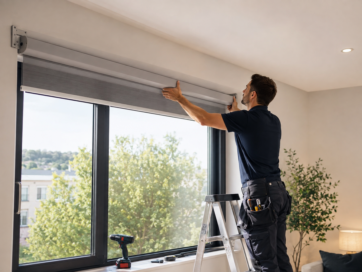 Technician installing a motorized blind above a large panoramic window in a modern residential interior with a stepladder, drill, and professional tools