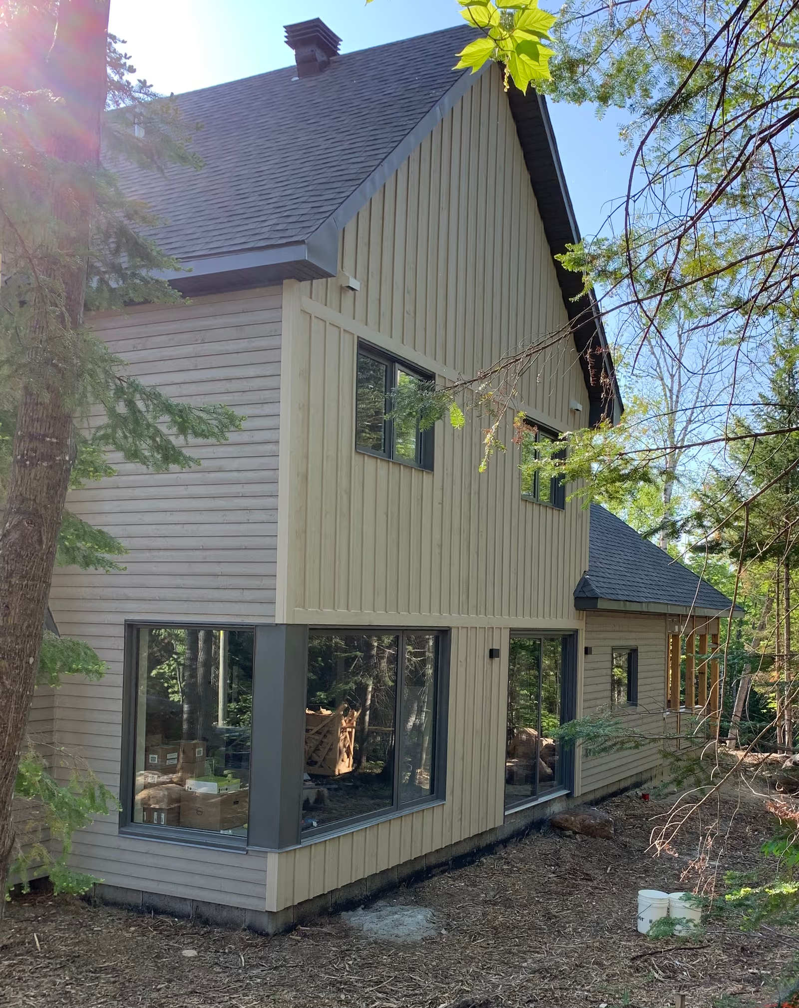 Forest home with beige vertical and horizontal exterior siding, large black-framed windows, and a sloped roof.