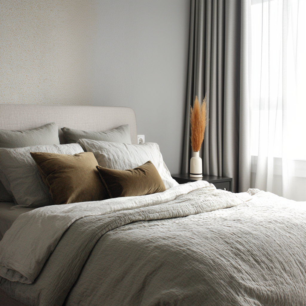 Bright room with beige bed, brown cushions, gray curtains and decorative vase on bedside table