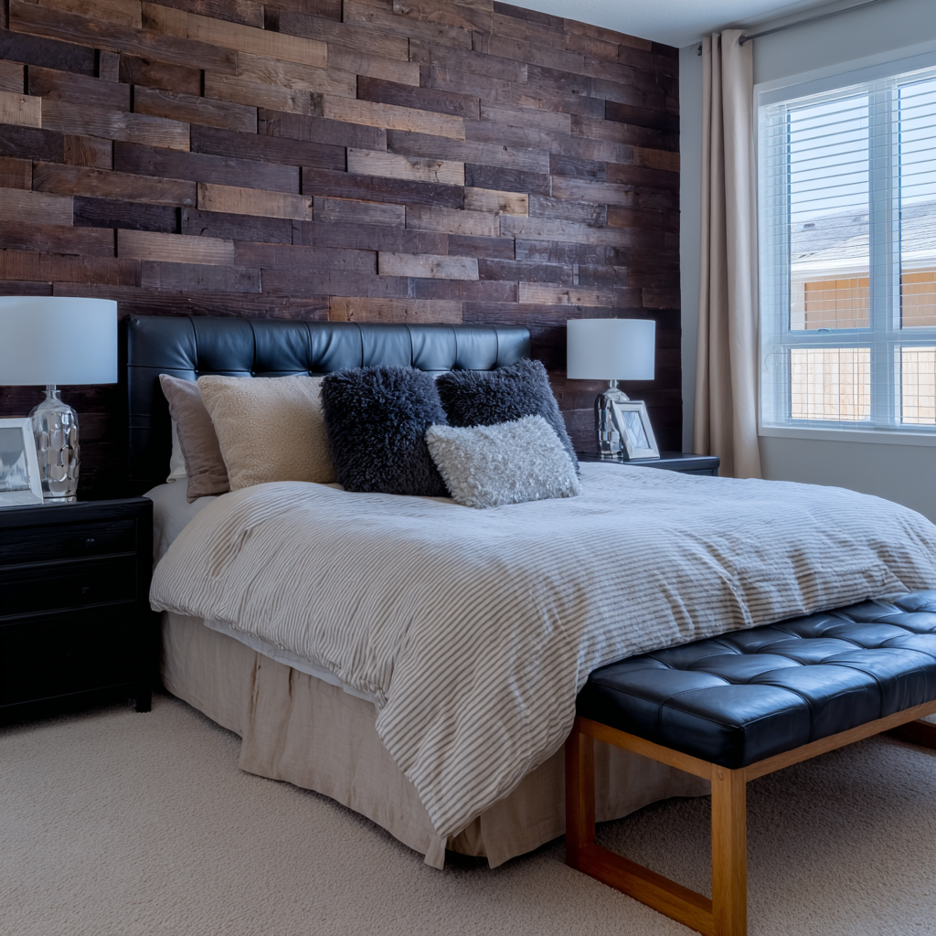 Contemporary room with rustic wooden wall, white bed, black headboard and padded bench