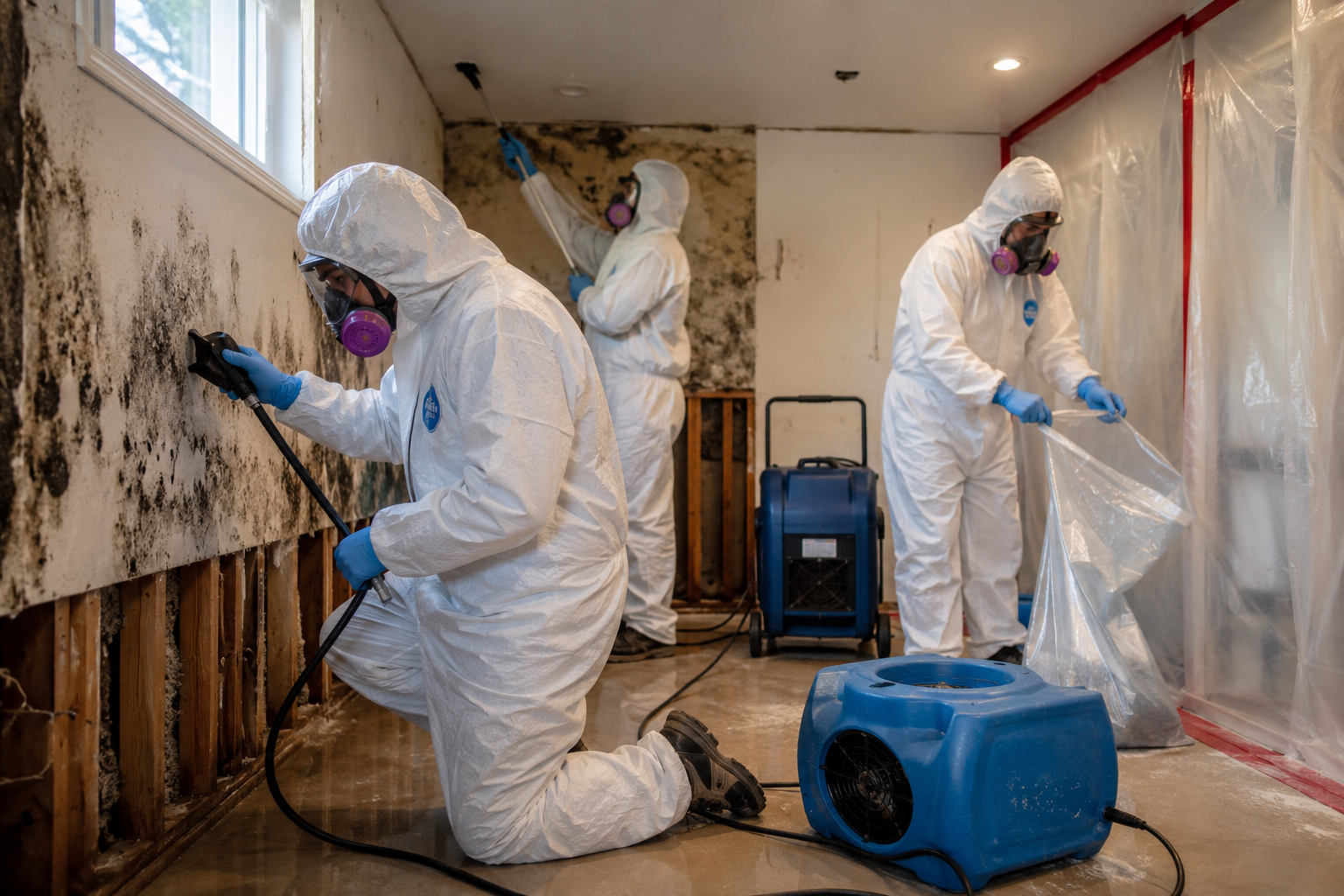 Travailleurs en combinaison de protection effectuant une décontamination intensive de moisissure sur des murs ouverts, avec confinement plastique, filtration d’air et nettoyage spécialisé.