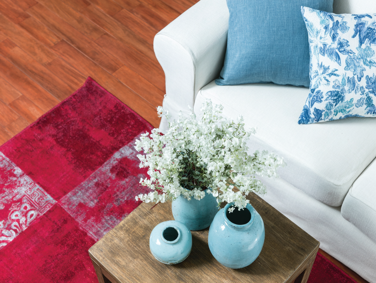 Salon décoré avec un canapé blanc, des coussins bleus, un tapis rouge et des vases turquoise sur une table en bois.