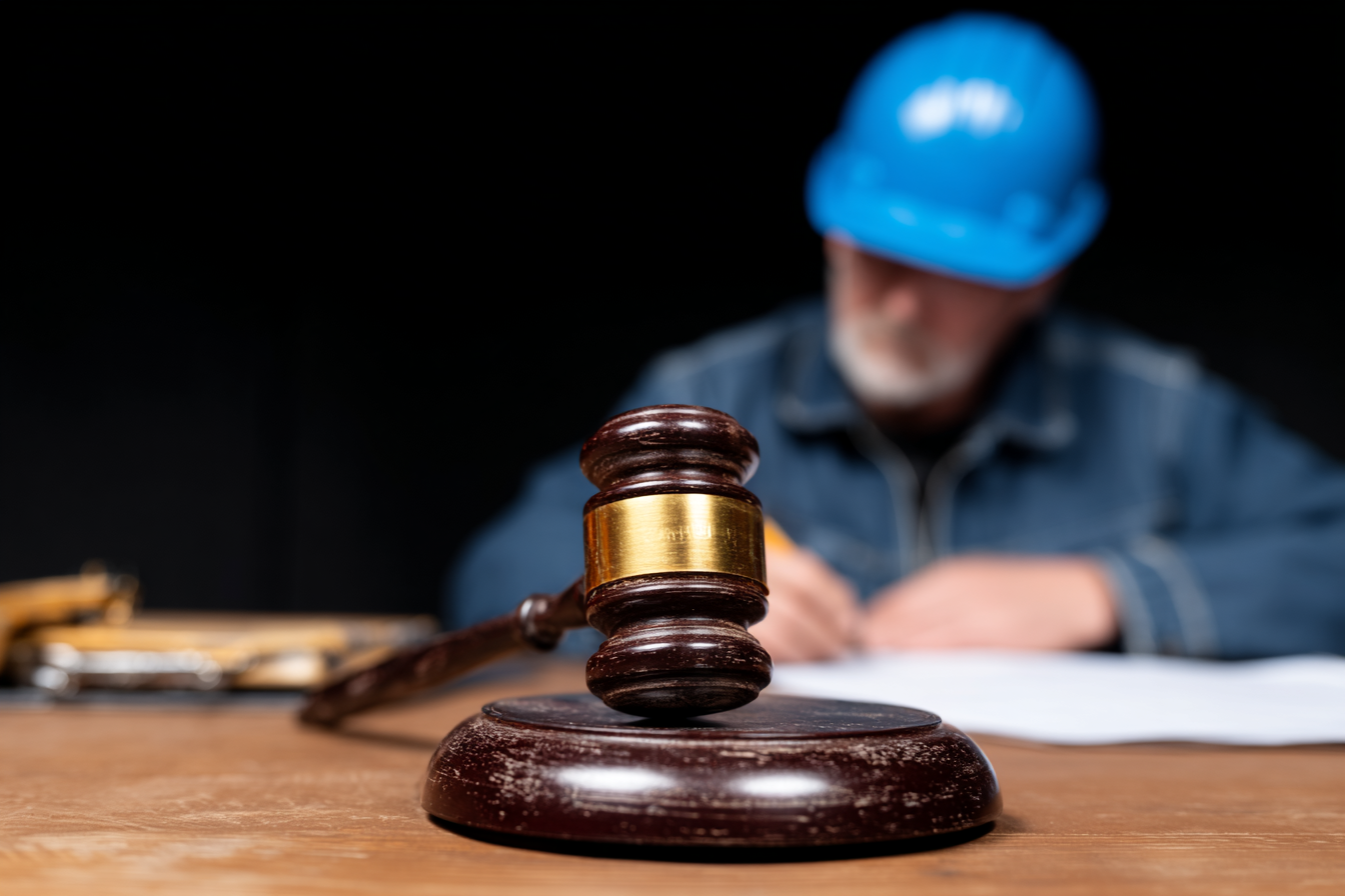 Marteau de juge au premier plan avec un ouvrier en casque de chantier bleu écrivant en arrière-plan, symbolisant un litige ou une réglementation en construction