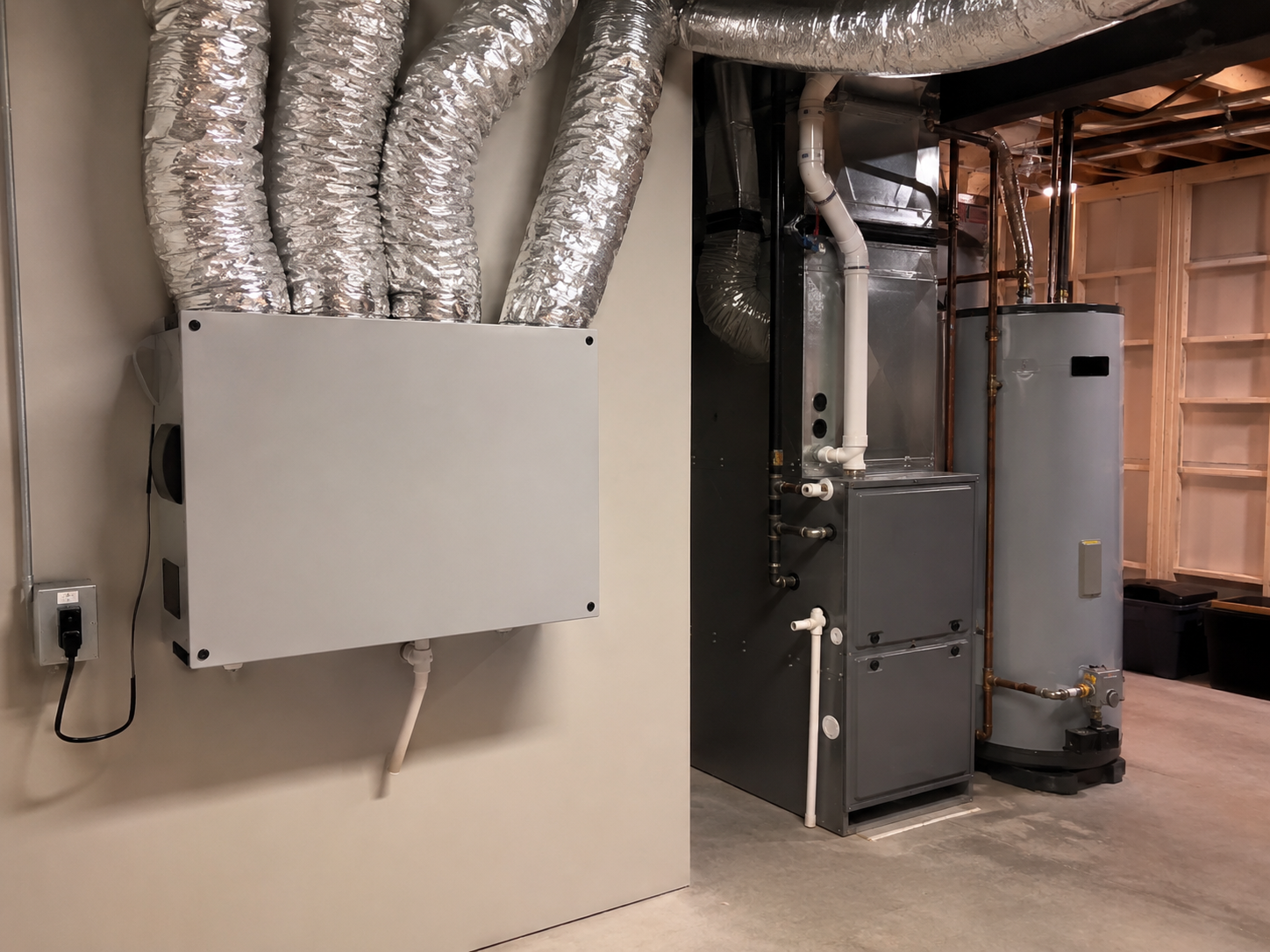 Residential air exchanger installed in a basement mechanical room with HVAC equipment and ventilation ducts.