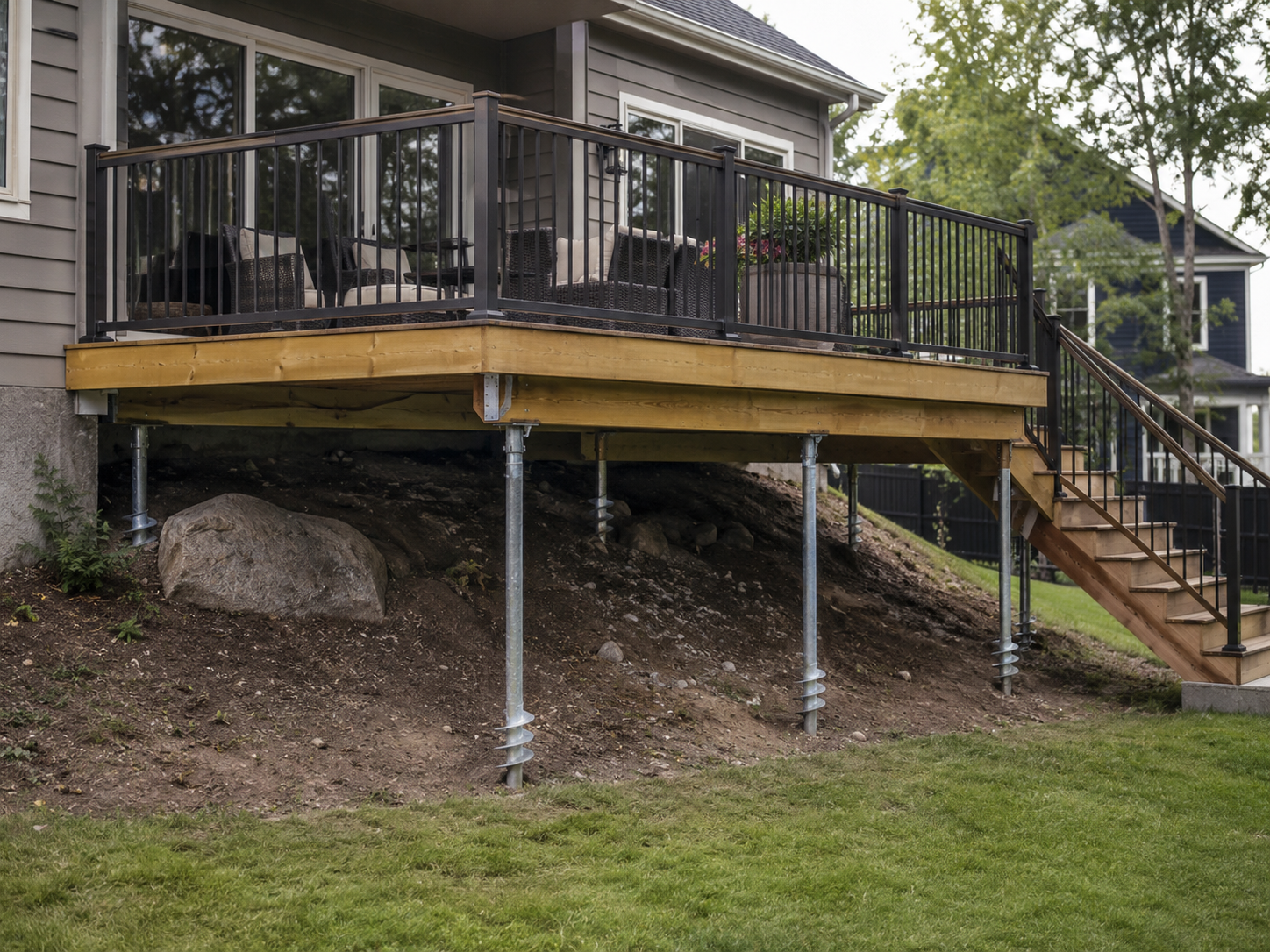 Terrasse surélevée en bois installée sur pieux vissés avec garde-corps noir et escalier dans une cour en pente