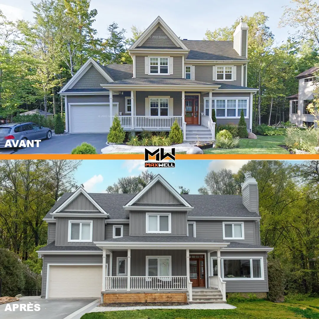 Complete exterior home transformation with new siding, roofing and front facade renovation before and after