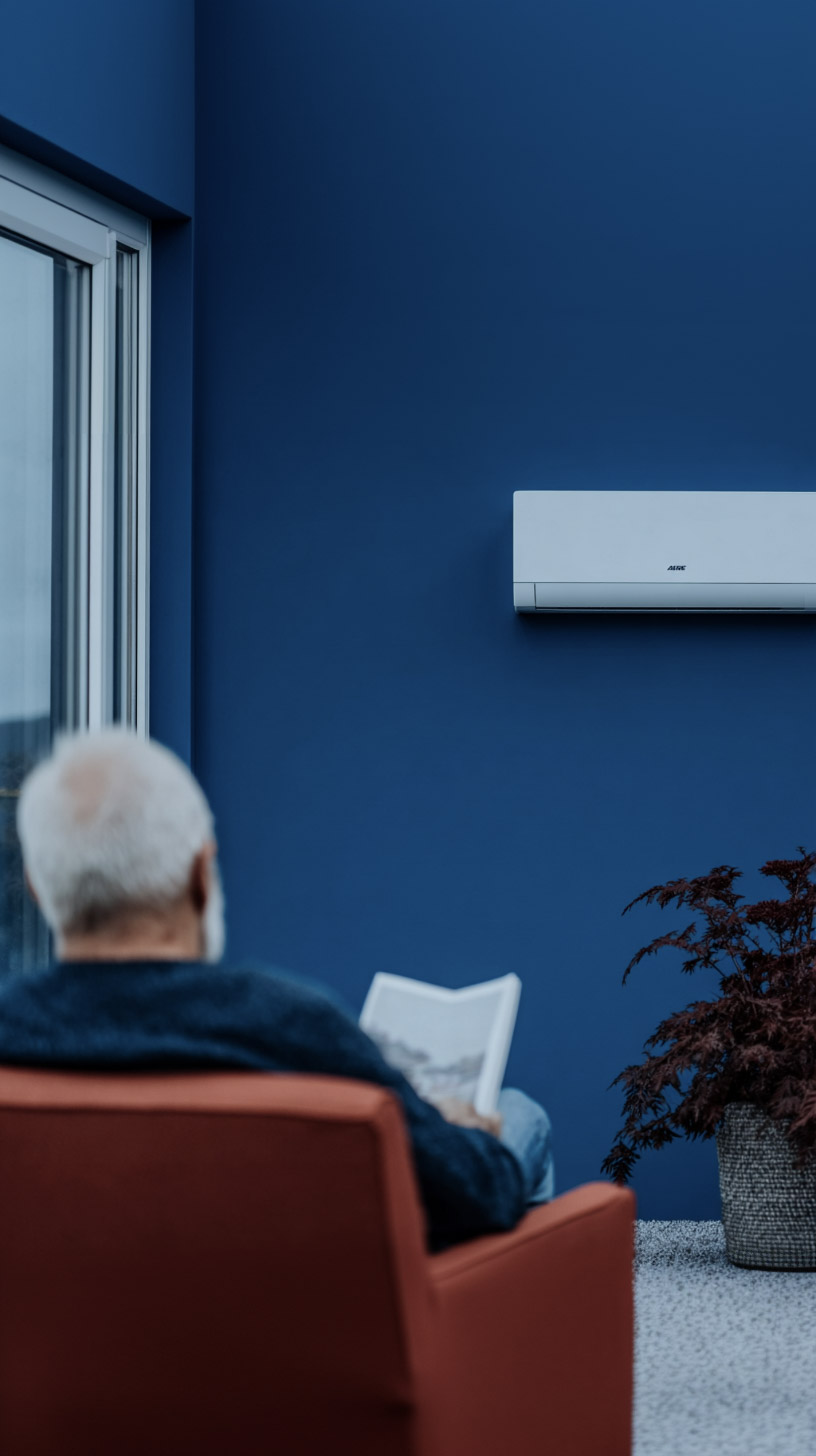 Un homme âgé lit tranquillement dans un fauteuil rouge près d’une fenêtre, sous une thermopompe murale installée sur un mur bleu.