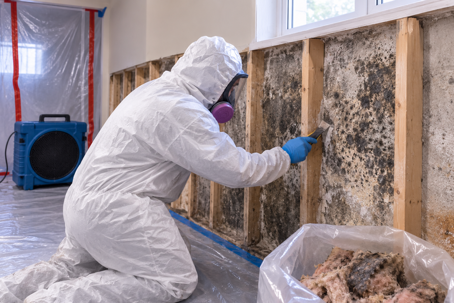 Worker in protective coveralls removing mold-contaminated materials from an opened interior wall, with a contained work area and drying equipment.