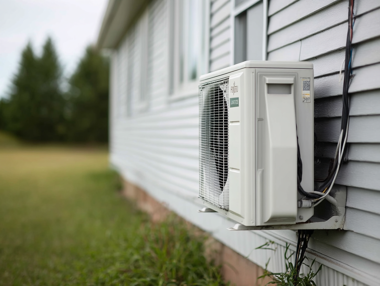 Fujitsu outdoor air conditioning unit mounted on a gray vinyl wall of a house