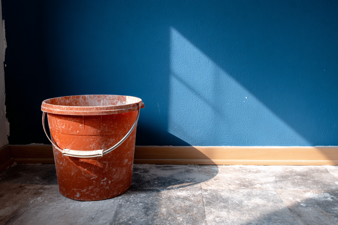 A dirty orange construction bucket placed on a floor under renovation in front of a blue wall