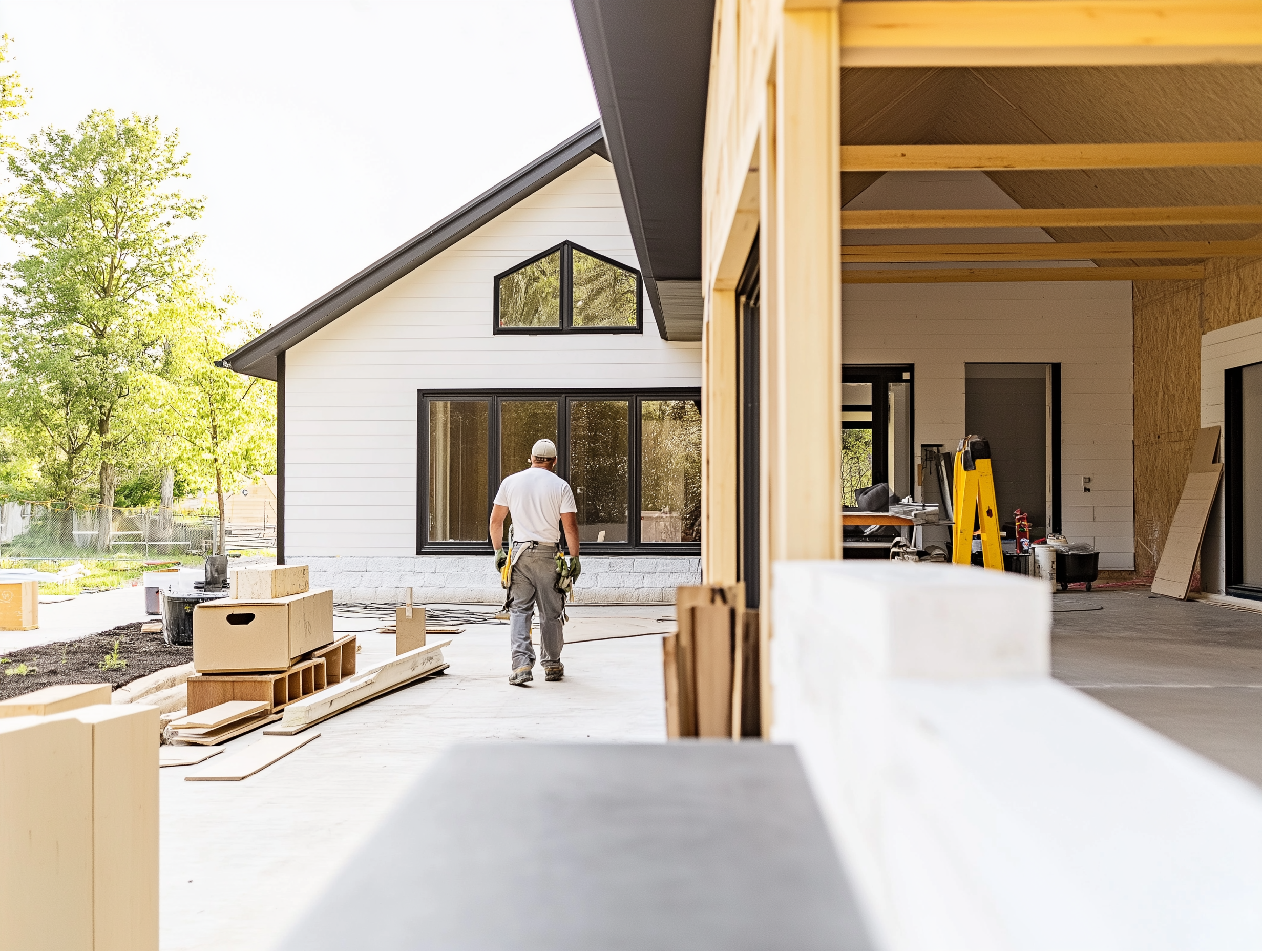 Modern house under construction with large black-framed windows, white exterior siding, a covered area, and a worker walking among construction materials.